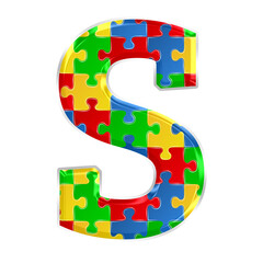 Colorful puzzle alphabet letter s, isolated on transparent background, uppercase. This is a part of a set which also includes numbers, symbols, and shapes.