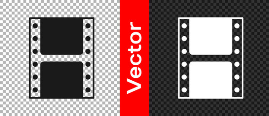 Black Play video icon isolated on transparent background. Film strip sign. Vector