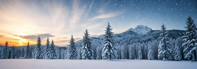冬に雪に覆われた大自然の林が美しい夕焼けに染まる景色、針葉樹、広葉樹