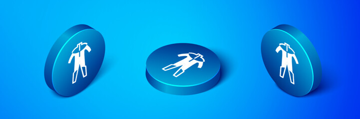 Isometric Wetsuit for scuba diving icon isolated on blue background. Diving underwater equipment. Blue circle button. Vector