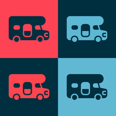 Pop art RV motorhome vehicle icon isolated on color background. Camper mobile home, mobile home for summer trip. Vector