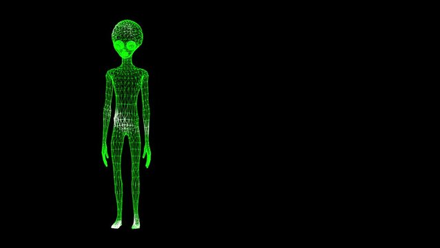 3D Green Man with copy space on black bg. Alien Extra Terrestrial life-form. UFO concept. For title, text, presentation. Alien scan. 3d animation 60 FPS