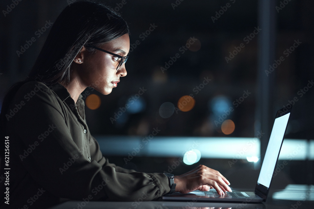 Aufkleber Laptop, research and business woman in coding, software development and programming for night cybersecurity. Computer, typing and screen reflection, focus and data analysis of programmer or IT person