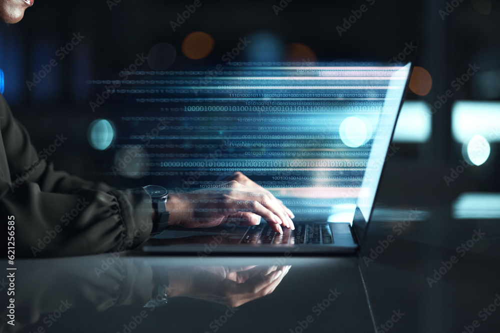 Aufkleber Computer, screen hologram and person coding, software development or programming script in cybersecurity. Night, laptop research and programmer or IT people on html code, expansion or 3d data in dark