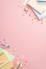 Step into classroom prepared. Vertical top view of stationery, ruler, notepads, letters, sticky...