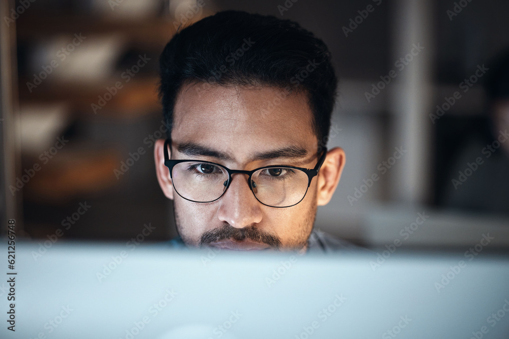 Aufkleber Computer, research and man in glasses for software development, night programming and cybersecurity. Reading, focus and person or programmer with data analysis, desktop system and coding information