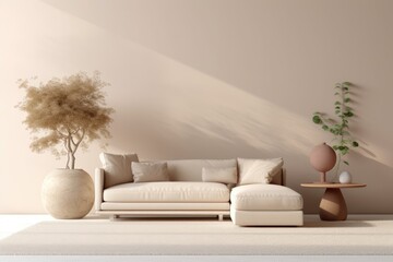 Fototapeta na wymiar Interior design of living room with copy space. Minimalist home decor. Generative AI