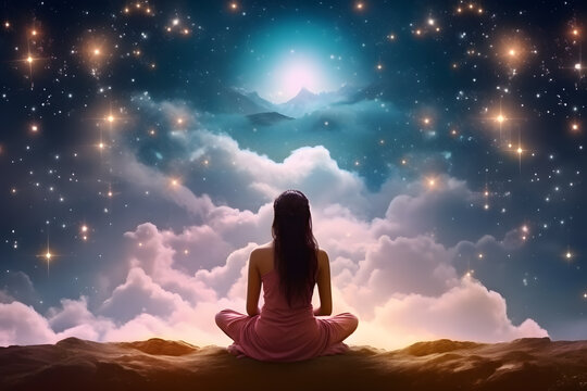 Woman sitting in yoga lotus pose looking at starry sky and mystical sunrise. Meditation.