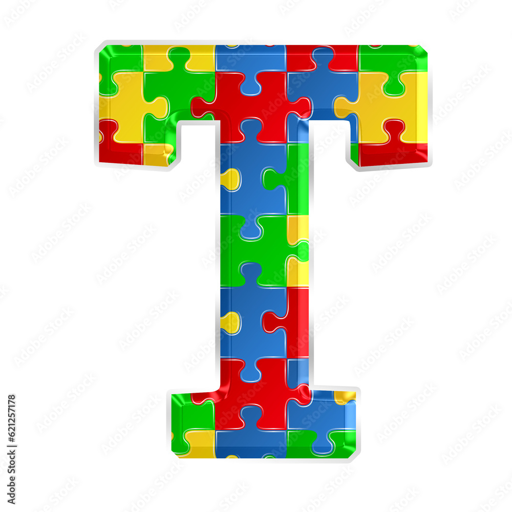 Fototapete colorful puzzle alphabet letter t, isolated on transparent background, uppercase. this is a part of 