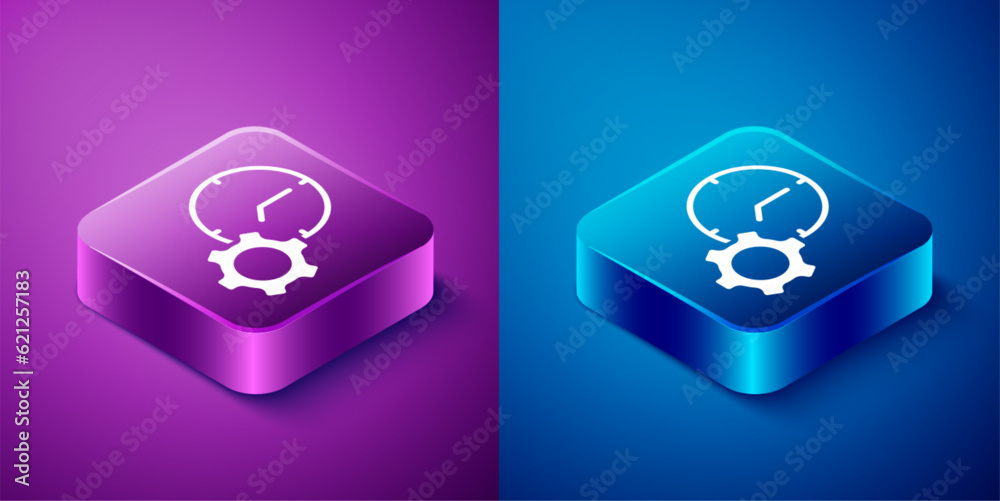 Poster isometric time management icon isolated on blue and purple background. clock and gear sign. producti