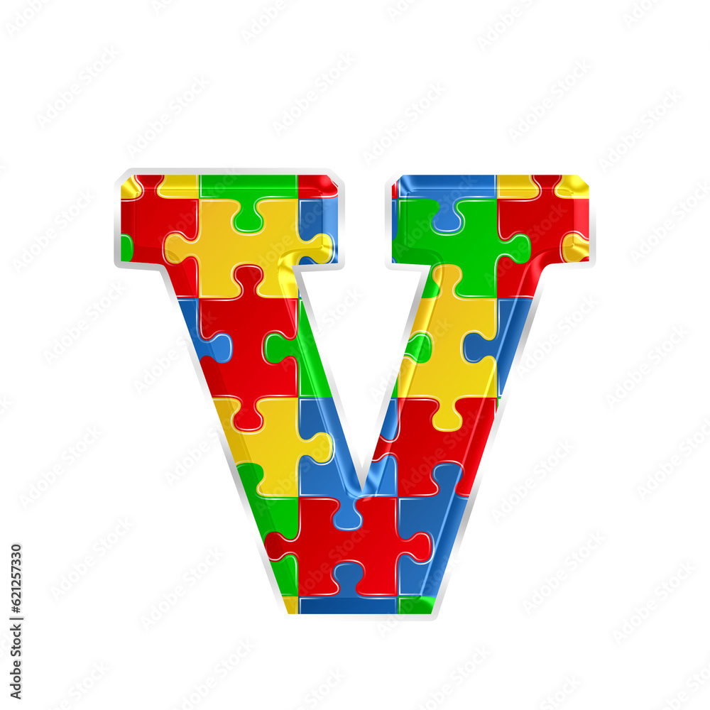 Fototapete colorful puzzle alphabet letter v, isolated on transparent background, lowercase. this is a part of 