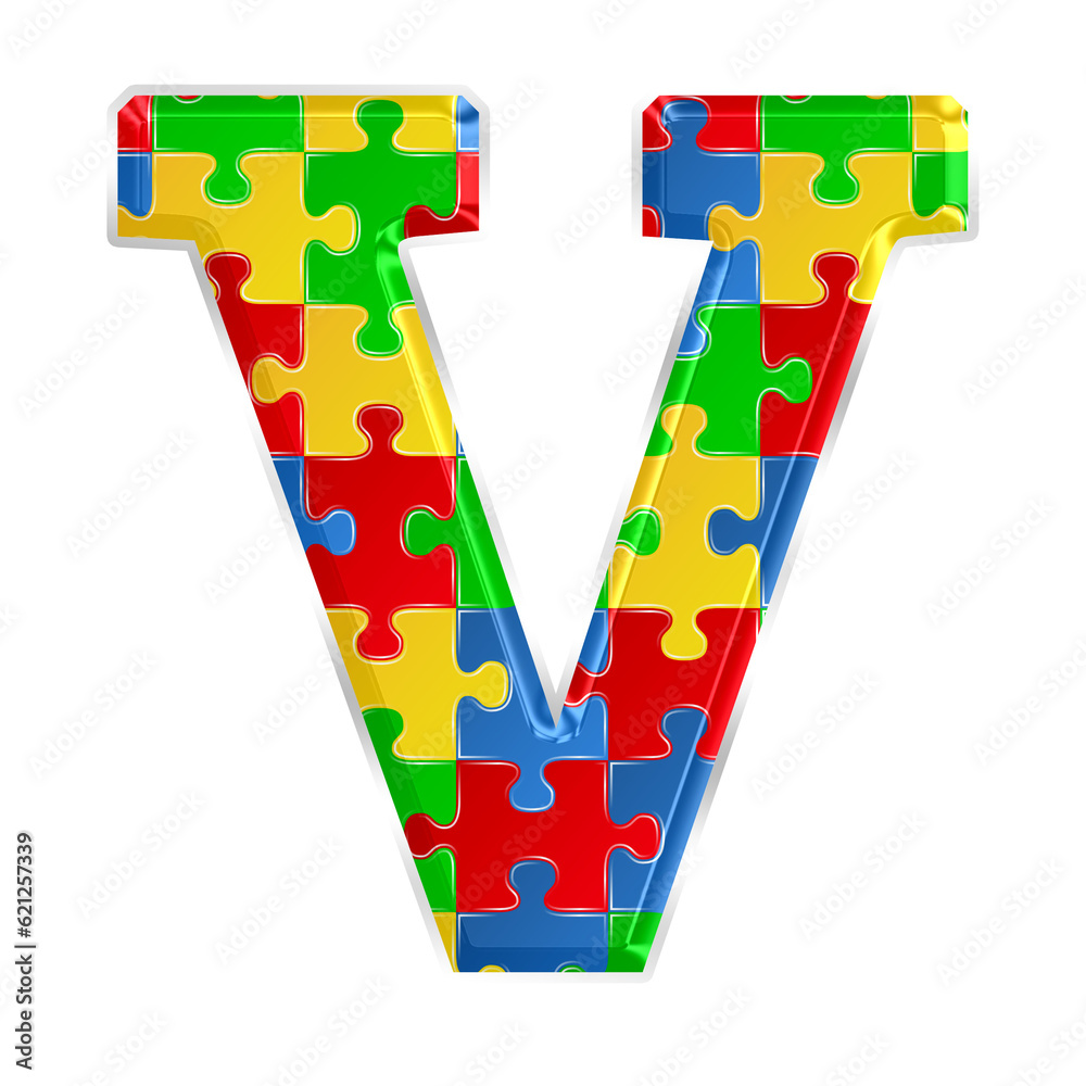 Fototapete colorful puzzle alphabet letter v, isolated on transparent background, uppercase. this is a part of 