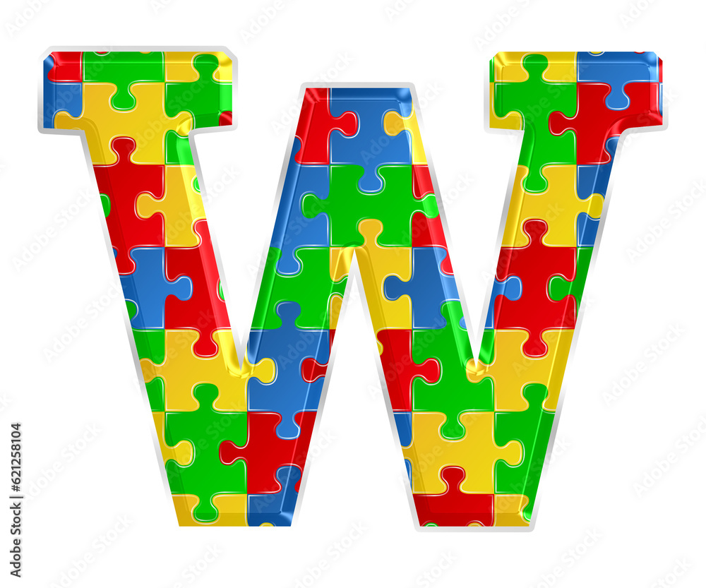 Fototapete colorful puzzle alphabet letter w, isolated on transparent background, uppercase. this is a part of 