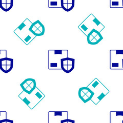 Blue Delivery security with shield icon isolated seamless pattern on white background. Delivery insurance. Insured cardboard boxes beyond the shield. Vector