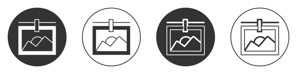 Black Photo frame icon isolated on white background. Vintage empty photos frame. Circle button. Vector