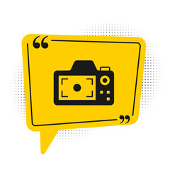 Black Photo camera icon isolated on white background. Foto camera. Digital photography. Yellow speech bubble symbol. Vector