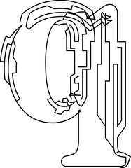 Architectural project font, technical draw style alphabet. Geometrical typography. Wireframe letter q