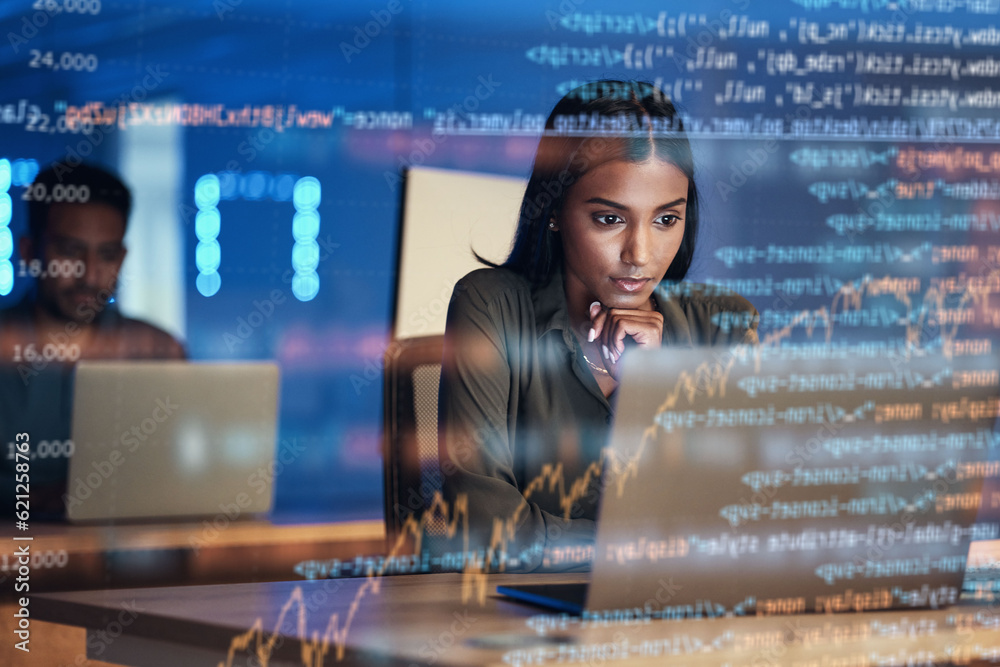 Aufkleber Laptop, code hologram and woman thinking of data analytics, information technology or software overlay at night. Computer and IT people solution with algorithm, statistics and cybersecurity research