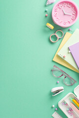 Fototapeta na wymiar School essentials in focus. Vertical top view of girly stationery, diaries, pencil case, adhesive tape, pins, clips, clock, glasses, stapler on inviting teal backdrop. Ideal for text or promo content