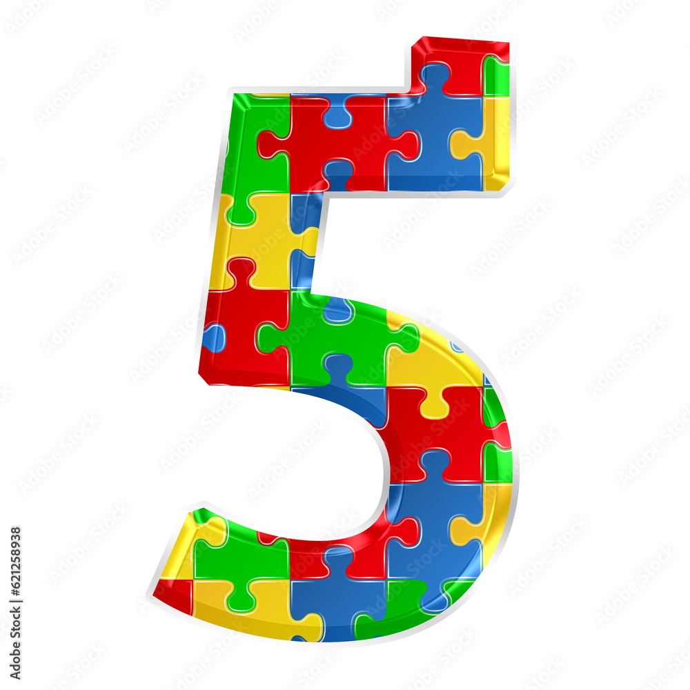 Fototapete colorful puzzle number 5 isolated on transparent background. this is a part of a set which also incl