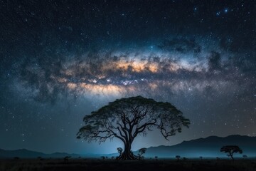 Fototapeta na wymiar majestic tree standing against a milky sky. Generative AI
