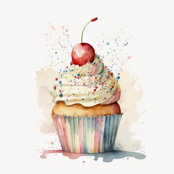 A watercolor painting of a cupcake with a cherry on top created with Generative AI technology