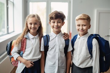 Obraz premium child girl school group portrait student boy education happy elementary pupil friend young kid smiling caucasian female together childhood little class classroom generative ai