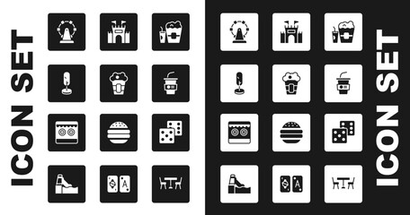 Set Popcorn in box and glass, Tree, Ferris wheel, Paper with water, Castle, Game dice and Shooting gallery icon. Vector