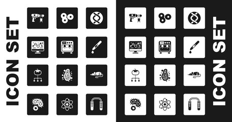 Set DNA symbol, Biosafety box, Genetic engineering modification, Transfer liquid gun, Pipette, Cell division, Experimental mouse and Genetically modified food icon. Vector
