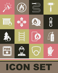 Set Firefighter gloves, extinguisher, Climber rope, hose reel, burning garage, axe and Telephone call 911 icon. Vector