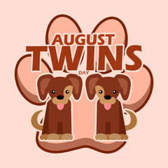 Two cute dogs look alike with paws icon behind them, with bold text on light brown background to celebrate National Twins Day on August