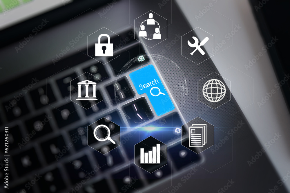 Poster search, laptop keyboard and cybersecurity overlay to show futuristic hologram, icons and software fo