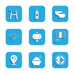 Set Chinese paper lantern, Rice bowl with chopstick, Yin Yang, Firework, China flag, japanese folding fan, tea ceremony and Japan Gate icon. Vector