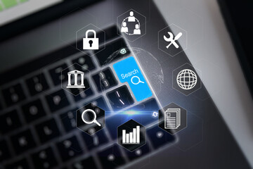 Search, laptop keyboard and cybersecurity overlay to show futuristic hologram, icons and software for online safety or protection technology. Ux, cyber security and future of fintech on computer