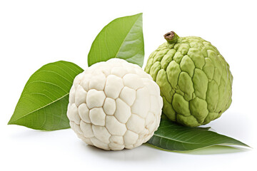 Sugar apple or custard apple, two whole ripe exotic tropical fruits with green leaves isolated on white background, healthy food, diet and vegetarian nutrition (ai generated) - obrazy, fototapety, plakaty