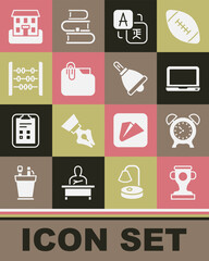 Set Award cup, Alarm clock, Laptop, Translator, Document folder with clip, Abacus, School building and Ringing bell icon. Vector