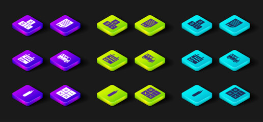 Set Marker pen, Calculator, Calendar, School Bus, Exam sheet with A plus grade and ABC blocks icon. Vector