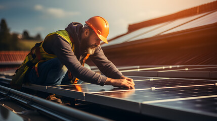 Man worker installing solar panels on roof, alternative energy concept Generative AI