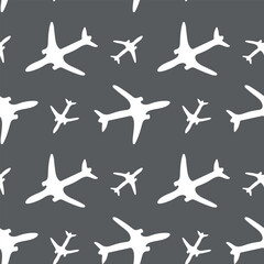 Plane seamless pattern. White airplanes repeat on grey background. Vector illustration.