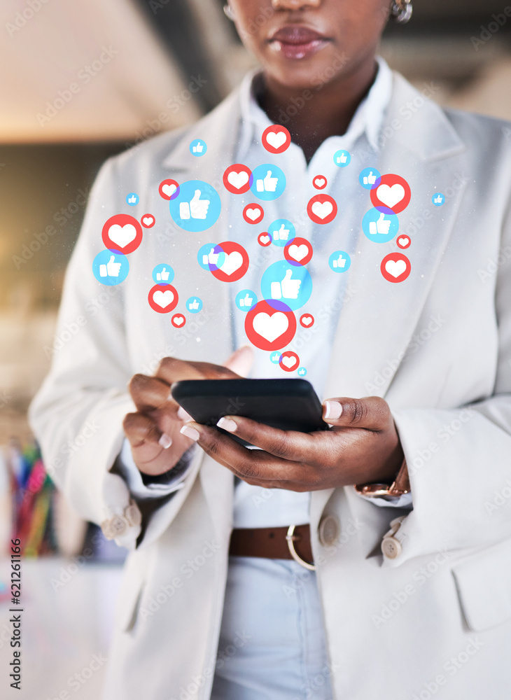 Aufkleber Notification, phone and business woman on social media networking as communication with overlay or graphic like. Digital, heart emoji and employee or worker texting on a mobile app, website or web