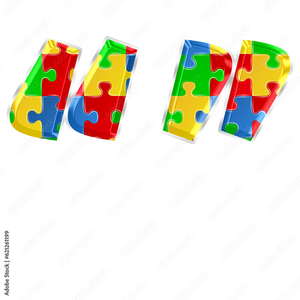 Fototapete Colorful puzzle quote symbol or quotation mark isolated on transparent background. This is a part of a set which also includes letters, numbers, and shapes.