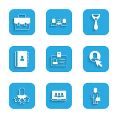 Set Identification badge, Project team base, Businessman, Worker, Productive human, Resume, Tie and Briefcase icon. Vector