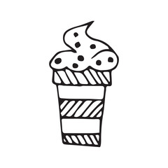 cake. sweets. a party. holiday. Birthday. fun. joy. happiness. gifts. balloons. decoration. surprise. goodies. bakery products. candles on the cake. EPS 10. on a white background. black color. doodle.