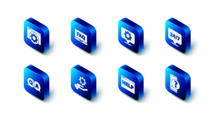 Set Laptop and FAQ, Location with gear, Clock 24 hours, Mobile phone question, Browser help, Settings in the hand, Question Answer and setting icon. Vector