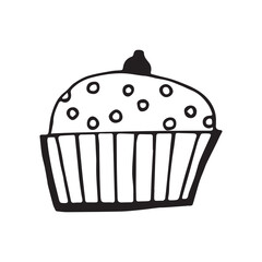 cake. sweets. a party. holiday. Birthday. fun. joy. happiness. gifts. balloons. decoration. surprise. goodies. bakery products. candles on the cake. EPS 10. on a white background. black color. doodle.