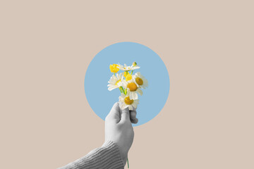 Digital collage modern art. Hand holding flowers in circle
