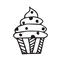 cake. sweets. a party. holiday. Birthday. fun. joy. happiness. gifts. balloons. decoration. surprise. goodies. bakery products. candles on the cake. EPS 10. on a white background. black color. doodle.