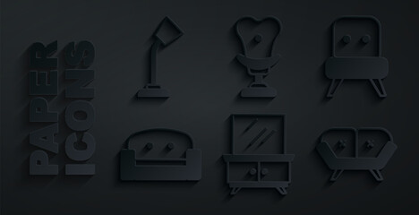 Set Dressing table, Armchair, Sofa, and Table lamp icon. Vector