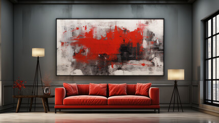 Generative ai illustration of Vivid red sofa and art poster on stucco wall.