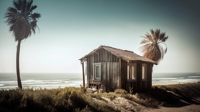 Wood cabin on the beach. Log cabin by the sea in natural landscape. Generative AI.